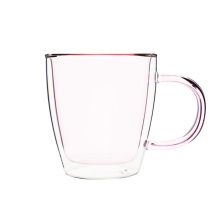Double wall pink glass mug cup with handle